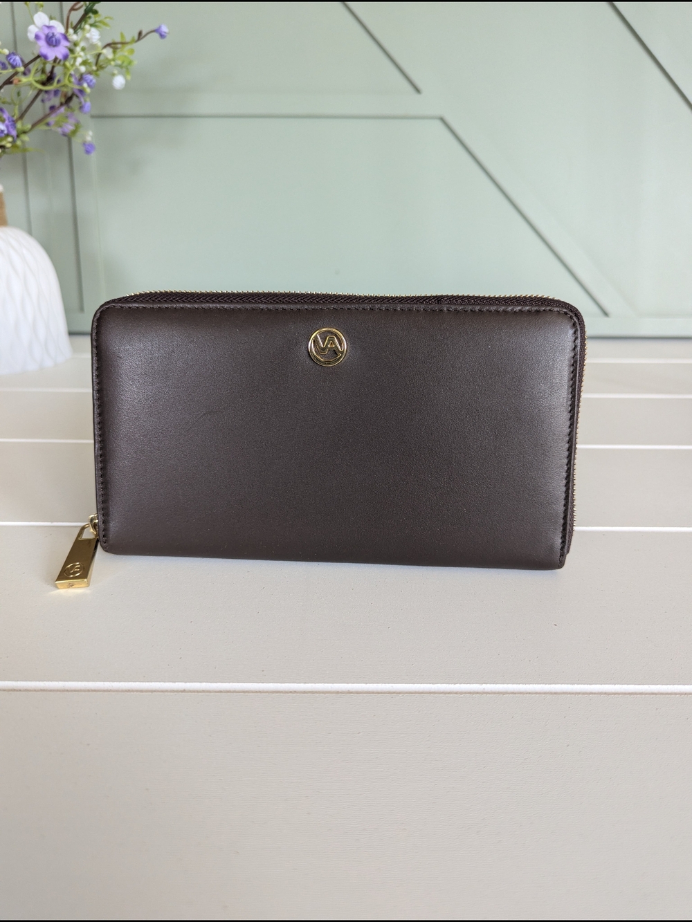 Valentina Brown Leather Zip Wallet with Gold Hardware